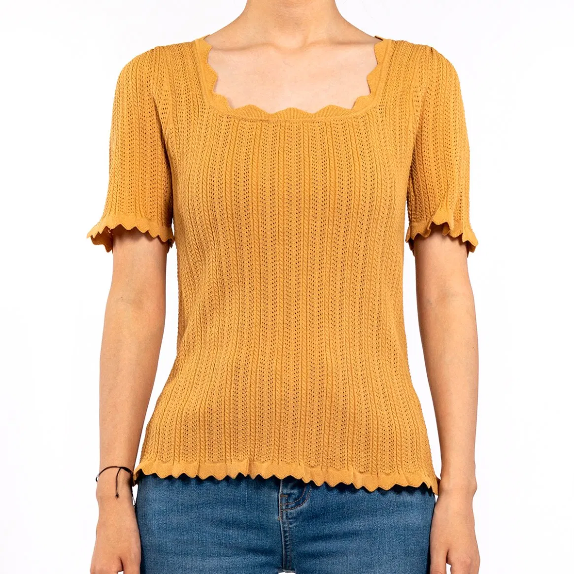 Camiseta Casual de Manga Corta Con Cuello Cuadrado Borde Ondulado Ahuecado Top de Punto de Verano para Mujer