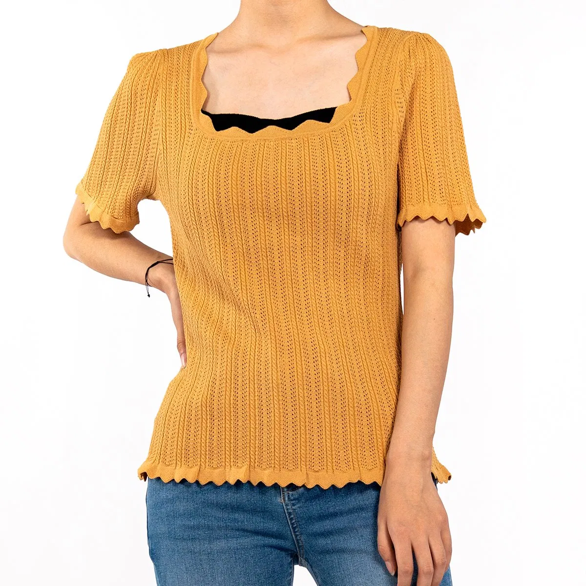 Camiseta Casual de Manga Corta Con Cuello Cuadrado Borde Ondulado Ahuecado Top de Punto de Verano para Mujer