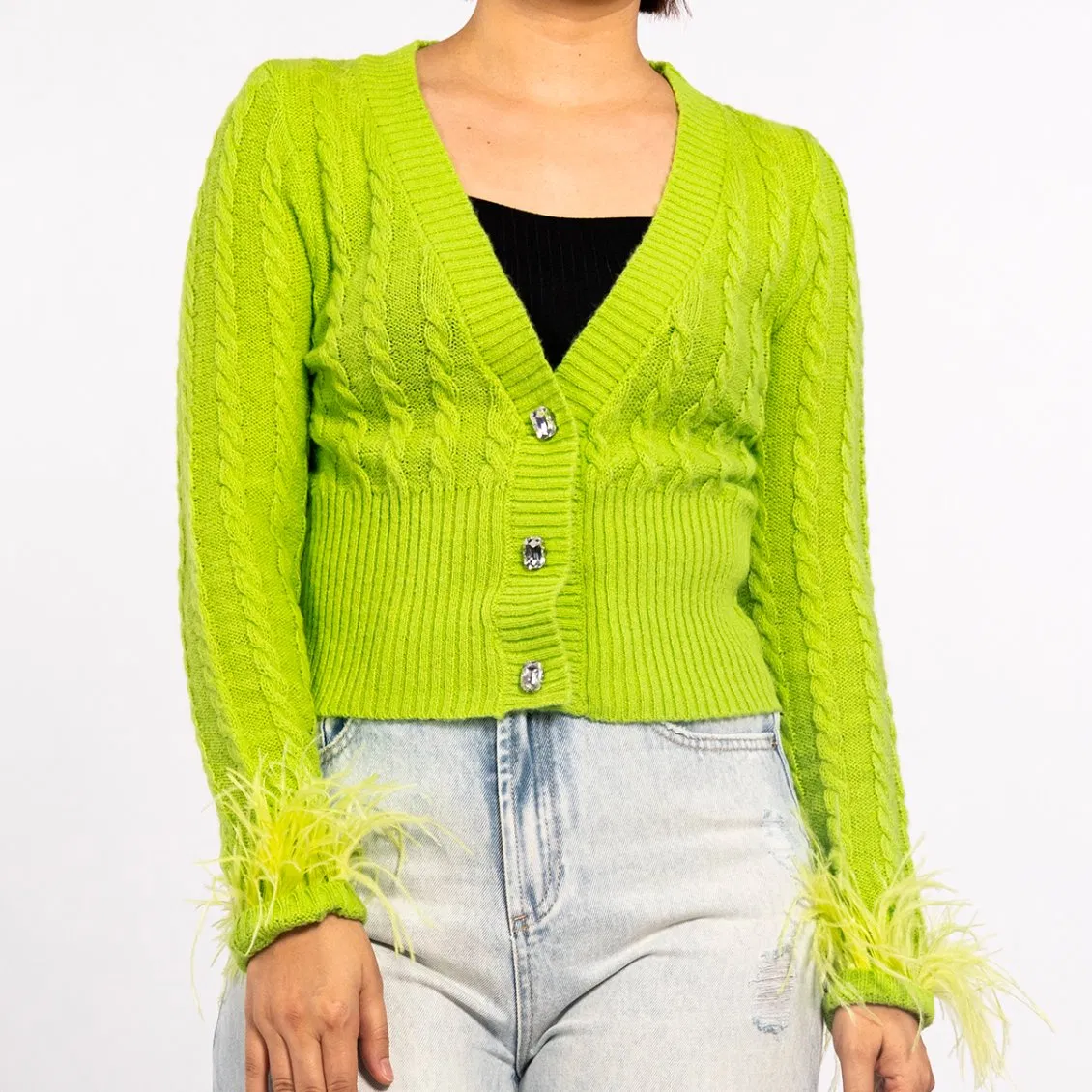 Suéter Cárdigan Ligero de Plumas con Parte Superior de Punto de Diamante Trenzado Verde de Primavera para Mujer
