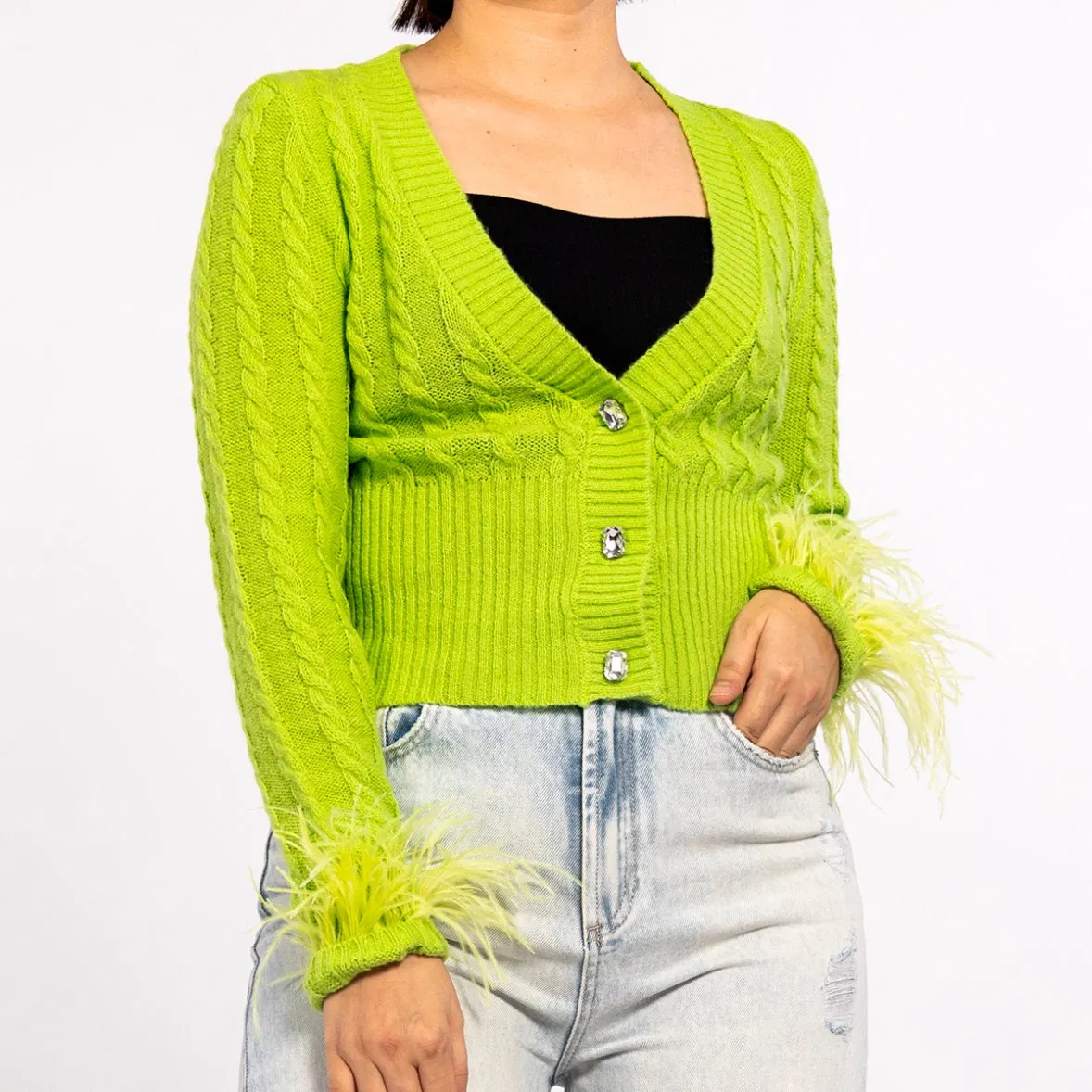 Suéter Cárdigan Ligero de Plumas con Parte Superior de Punto de Diamante Trenzado Verde de Primavera para Mujer