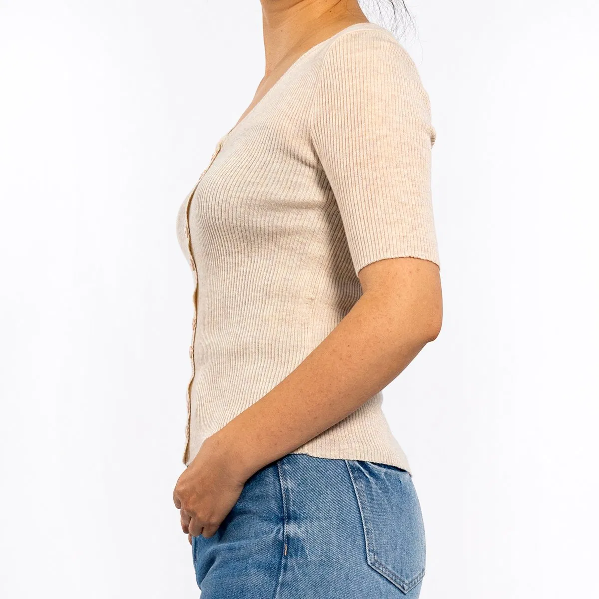 Camisas de Mujer de Verano Albaricoque con Jersey de Manga Corta a Rayas con Cuello en V y Rayas
