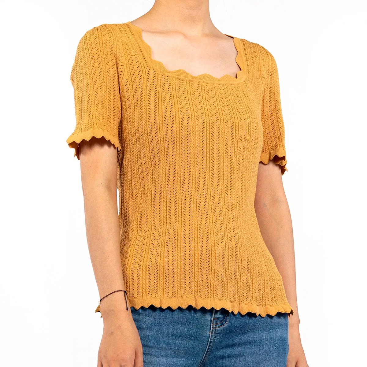 Camiseta Casual de Manga Corta Con Cuello Cuadrado Borde Ondulado Ahuecado Top de Punto de Verano para Mujer