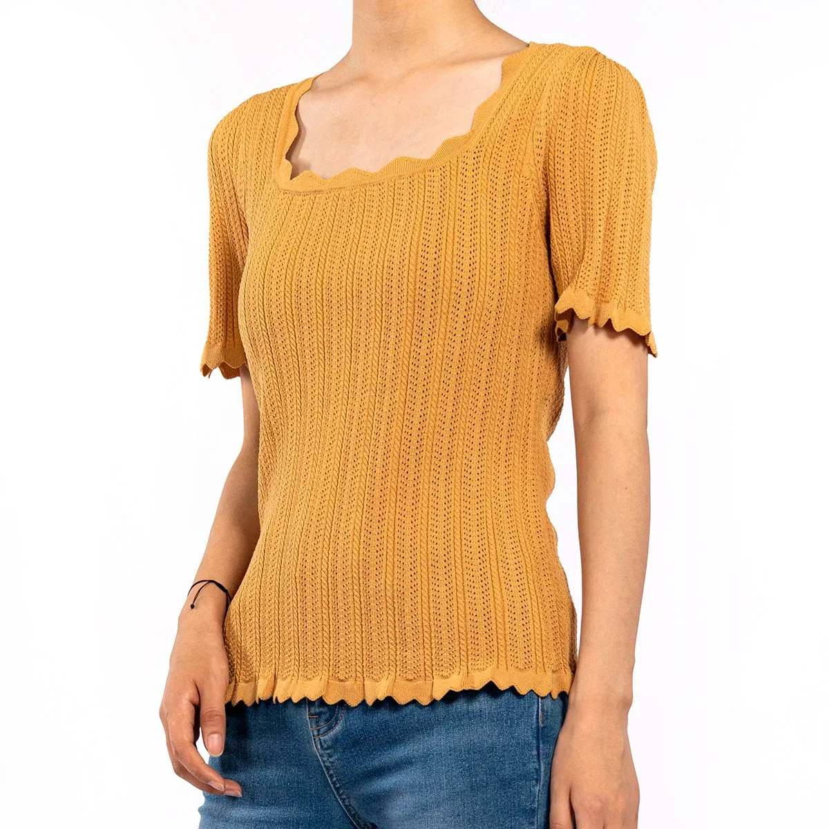 Camiseta Casual de Manga Corta Con Cuello Cuadrado Borde Ondulado Ahuecado Top de Punto de Verano para Mujer