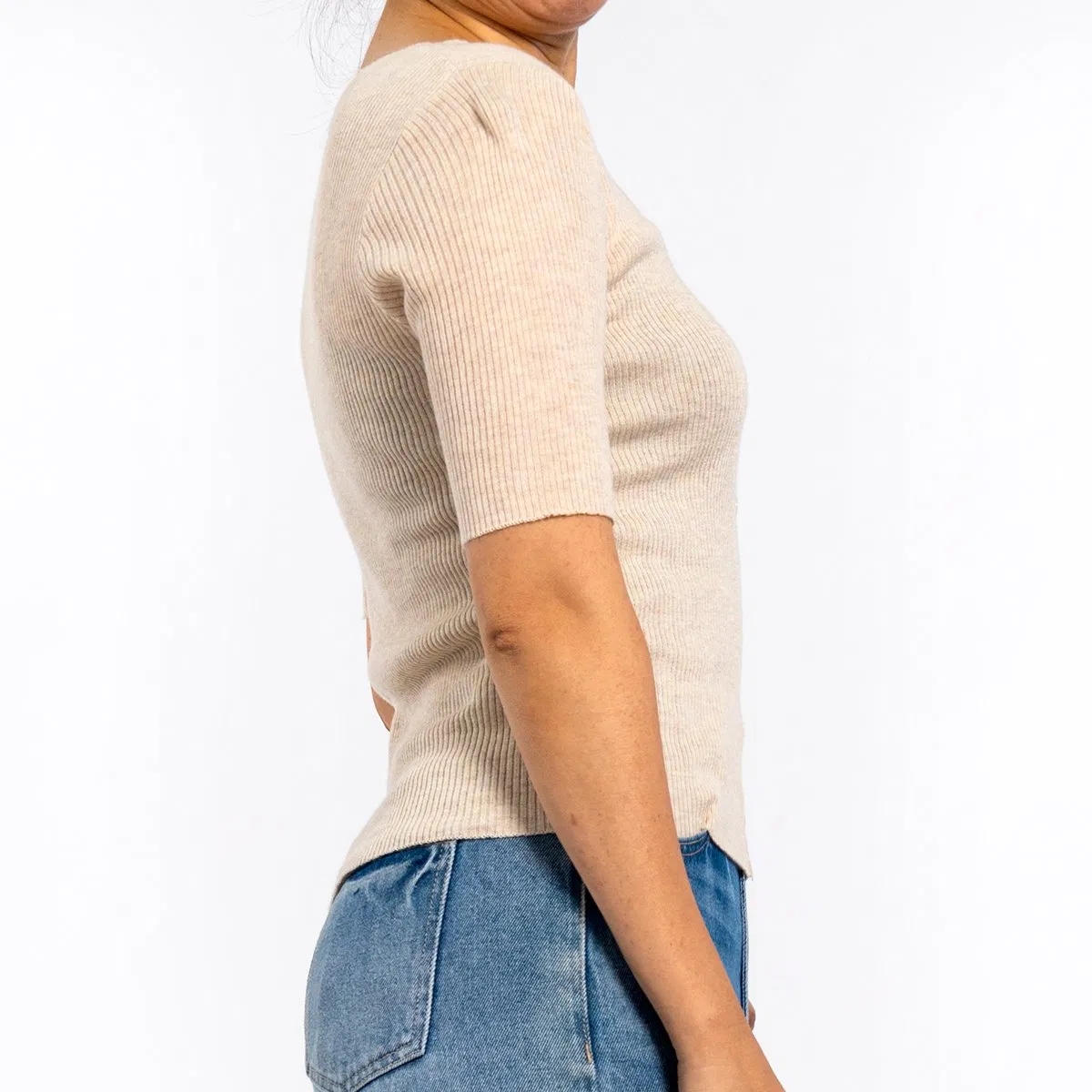 Camisas de Mujer de Verano Albaricoque con Jersey de Manga Corta a Rayas con Cuello en V y Rayas