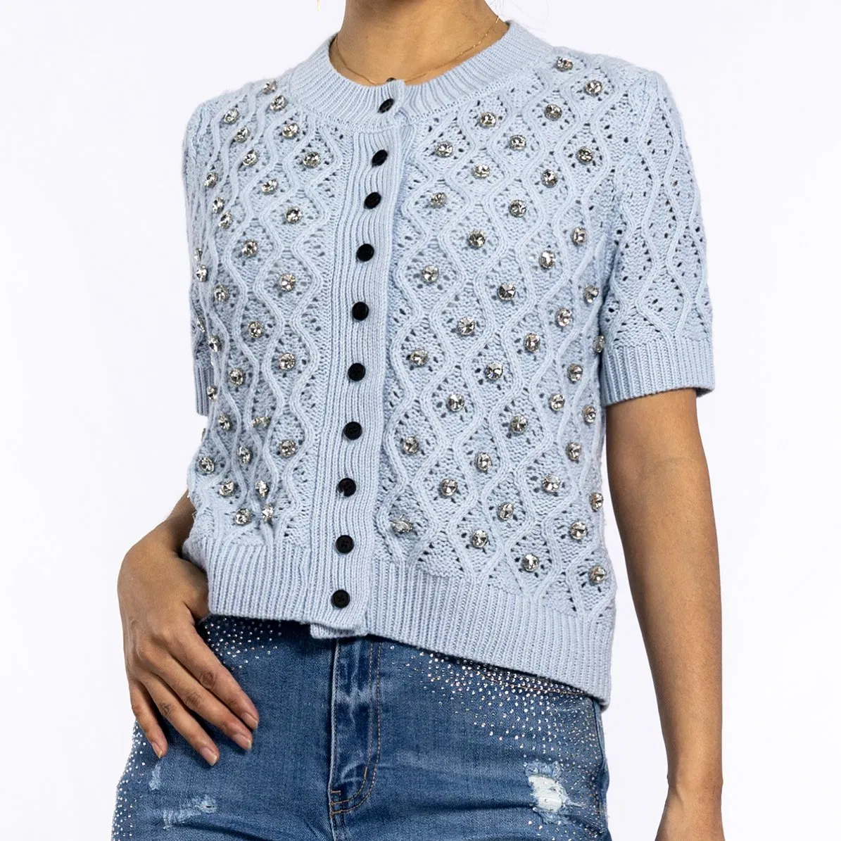 Cárdigan de Manga Corta con Suéter de Ganchillo con Cuello Redondo y Diseño de Diamantes Calientes Azules de Verano