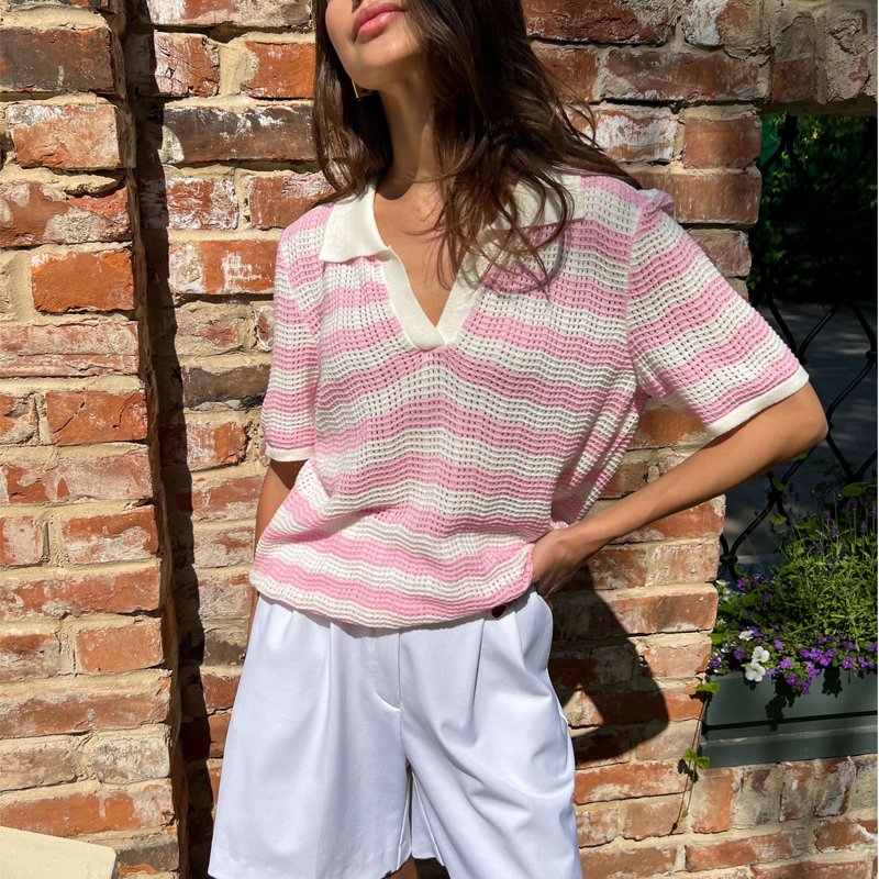 Blusa de Manga Corta de Punto de Viscosa Informal Elegante a Rayas y Cuello en V de Manga Corta para Mujer, Blusa de Manga Corta de Punto que Combina con Todo