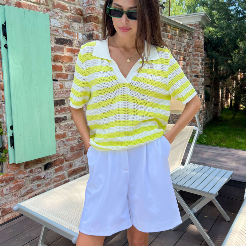 Blusa de Manga Corta de Punto de Viscosa Informal Elegante a Rayas y Cuello en V de Manga Corta para Mujer, Blusa de Manga Corta de Punto que Combina con Todo