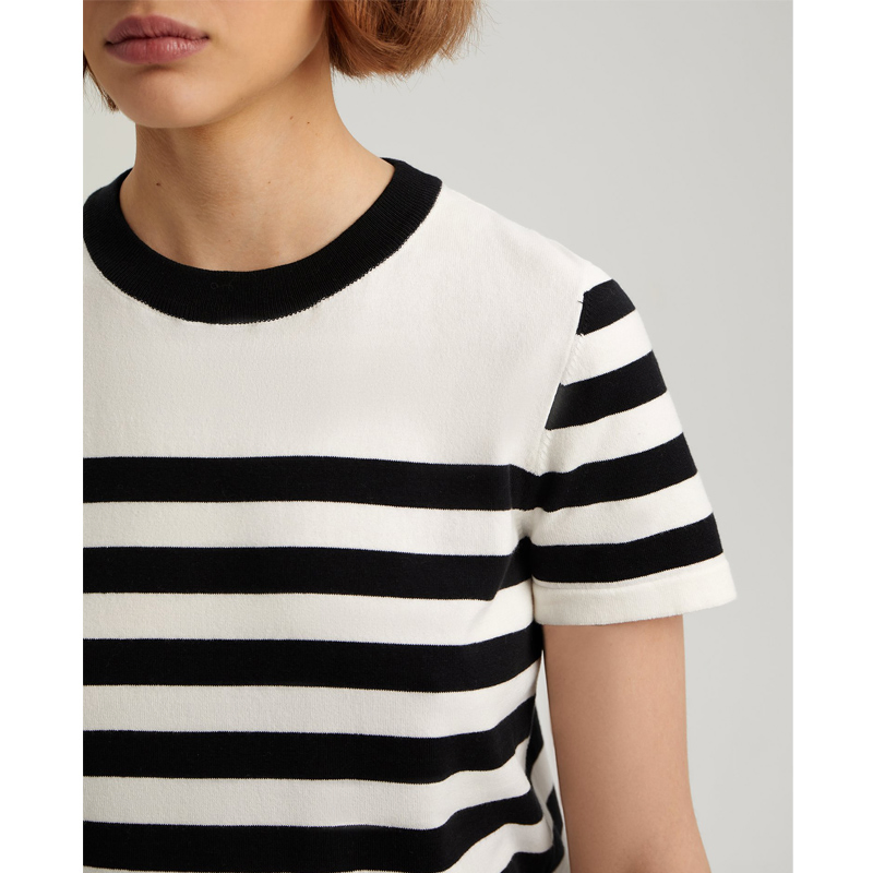Suéter de Manga Corta a Rayas de Moda para Mujer y Cuello Redondo de Punto de Verano y amp; ndash; Imprescindible para todos los días, Suéter de Cuello Redondo de Manga Corta para el verano, Sin MOQ