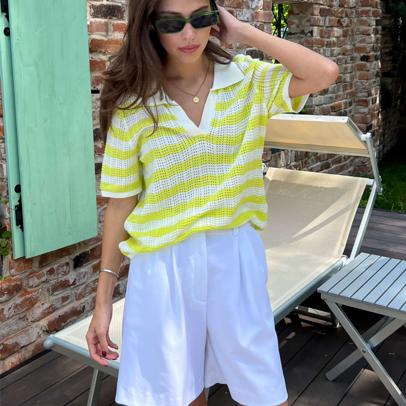 Blusa de Manga Corta de Punto de Viscosa Informal Elegante a Rayas y Cuello en V de Manga Corta para Mujer, Blusa de Manga Corta de Punto que Combina con Todo