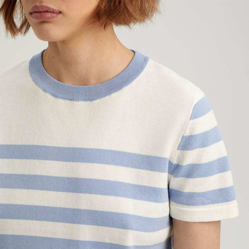 Suéter de Manga Corta a Rayas de Moda para Mujer y Cuello Redondo de Punto de Verano y amp; ndash; Imprescindible para todos los días, Suéter de Cuello Redondo de Manga Corta para el verano, Sin MOQ