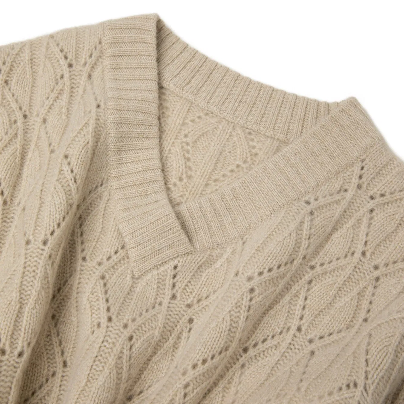 Jersey Clásico de punto de Pointelle Con Cuello en V Superpuesto Suave Suéter de Cachemira 100% Puro para Mujer