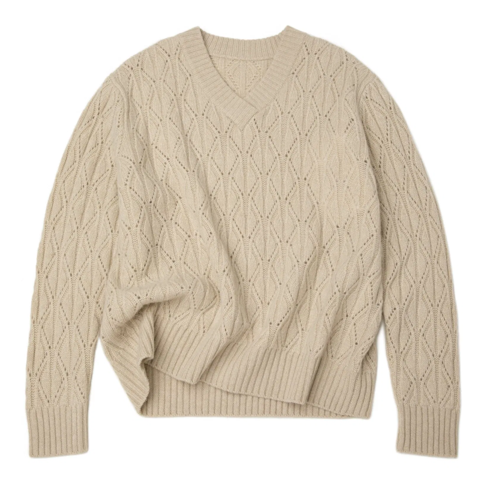Jersey Clásico de punto de Pointelle Con Cuello en V Superpuesto Suave Suéter de Cachemira 100% Puro para Mujer
