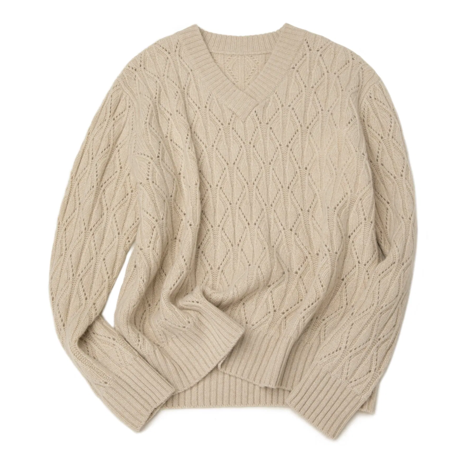 Jersey Clásico de punto de Pointelle Con Cuello en V Superpuesto Suave Suéter de Cachemira 100% Puro para Mujer