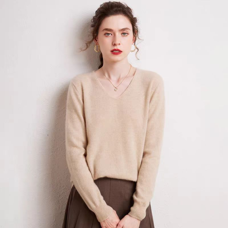 Suéter de Jersey de Lana Merino con Cuello en V de Moda Clásica Popular al por Mayor para Mujer