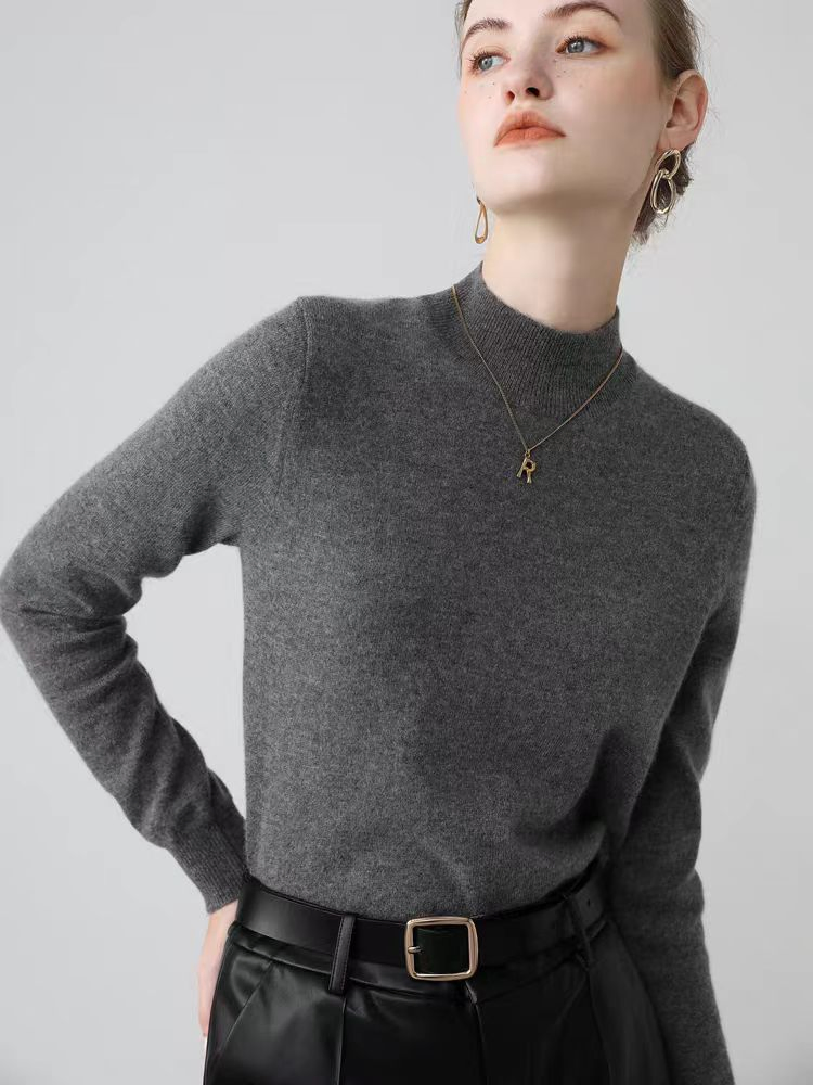 Jersey de Punto Negro Clásico Ajustado de Invierno para Mujer, Estilo Básico en Capas, Suéter de Cuello Alto de Manga Larga Tejido para Mujer