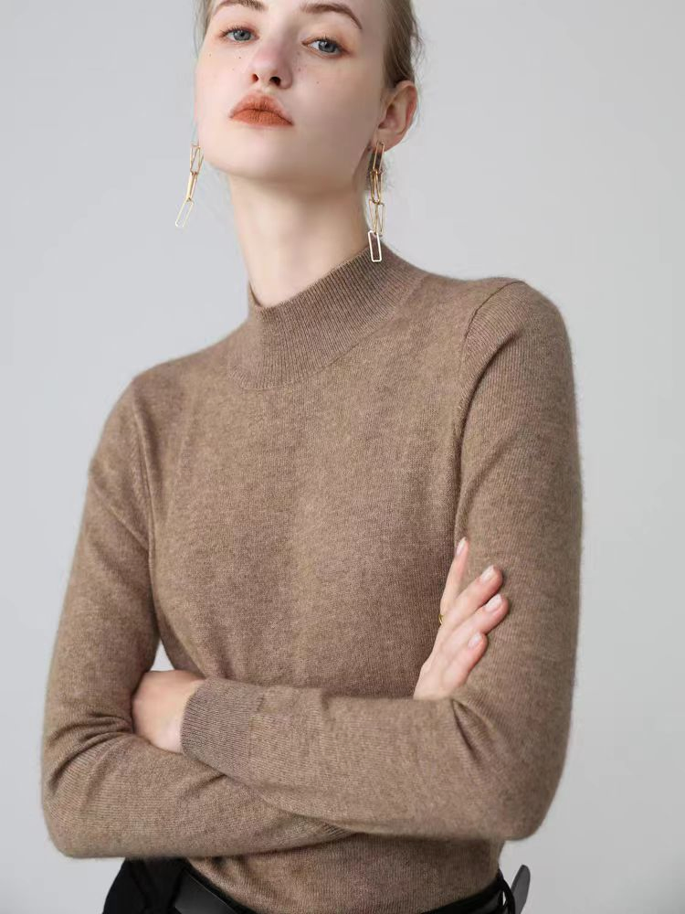 Jersey de Punto Negro Clásico Ajustado de Invierno para Mujer, Estilo Básico en Capas, Suéter de Cuello Alto de Manga Larga Tejido para Mujer