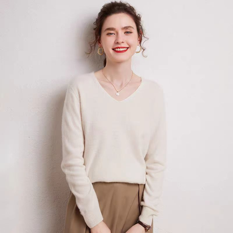 Suéter de Jersey de Lana Merino con Cuello en V de Moda Clásica Popular al por Mayor para Mujer