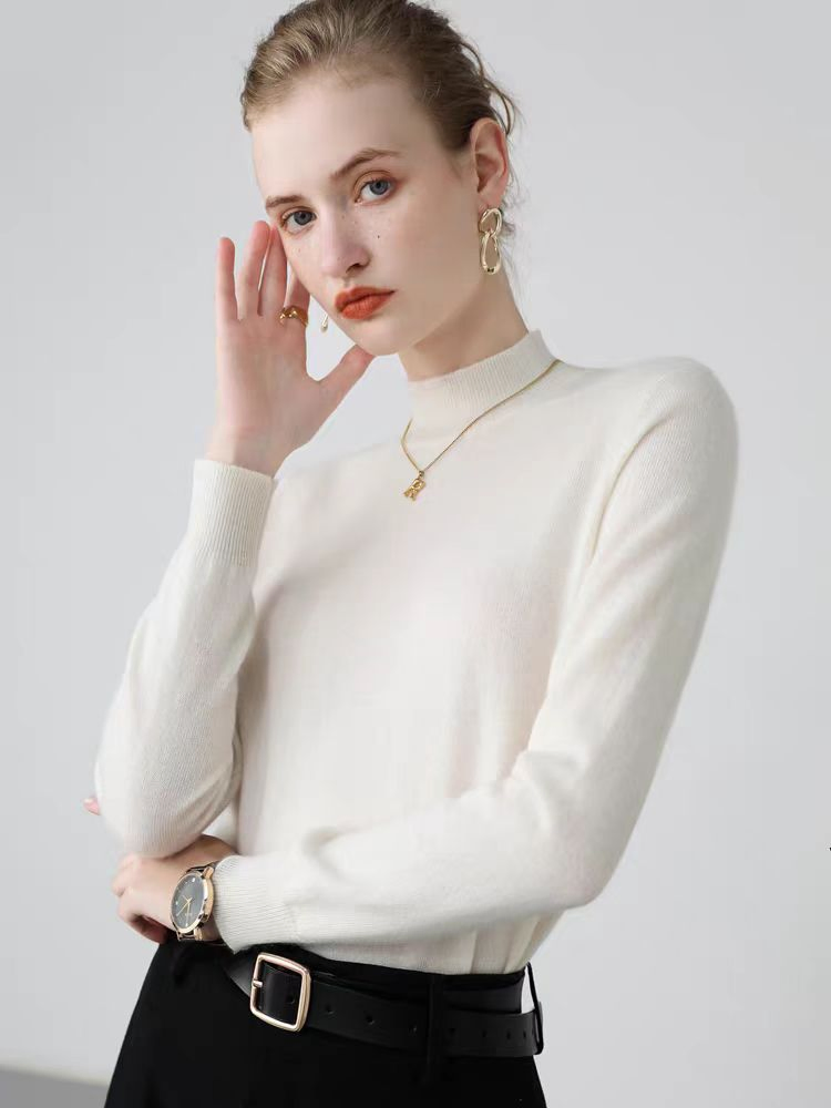 Jersey de Punto Negro Clásico Ajustado de Invierno para Mujer, Estilo Básico en Capas, Suéter de Cuello Alto de Manga Larga Tejido para Mujer