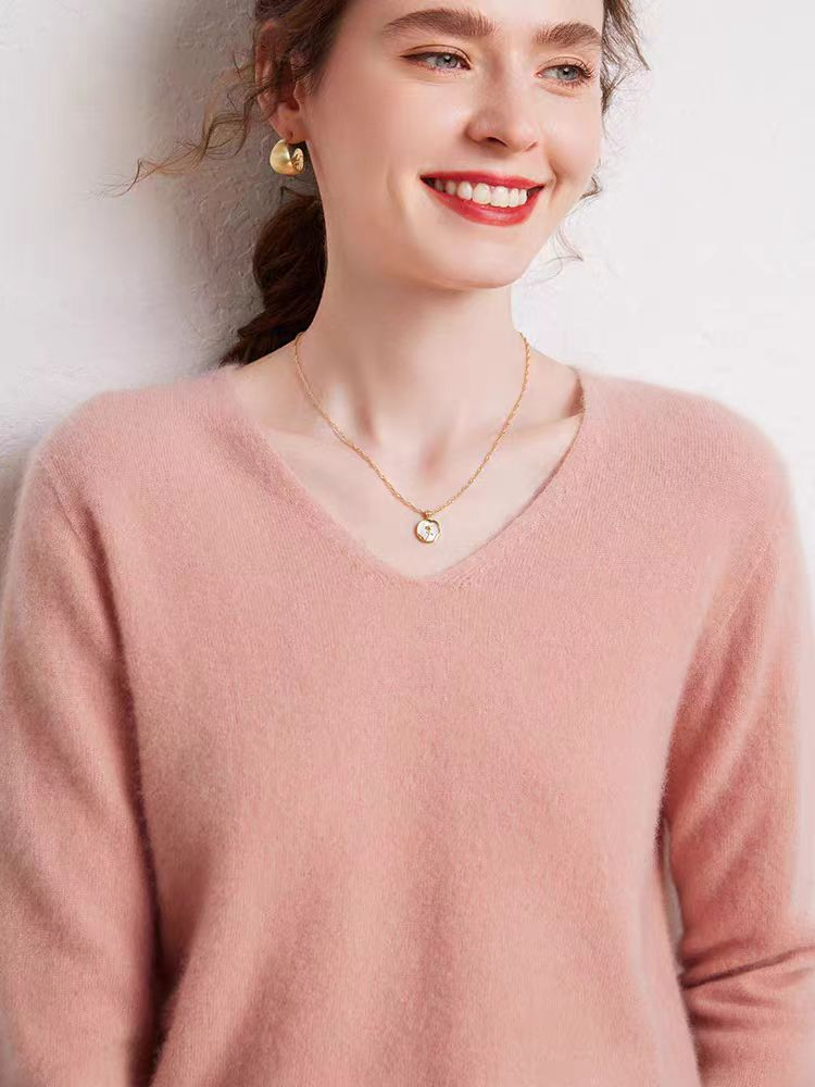 Suéter de Jersey de Lana Merino con Cuello en V de Moda Clásica Popular al por Mayor para Mujer