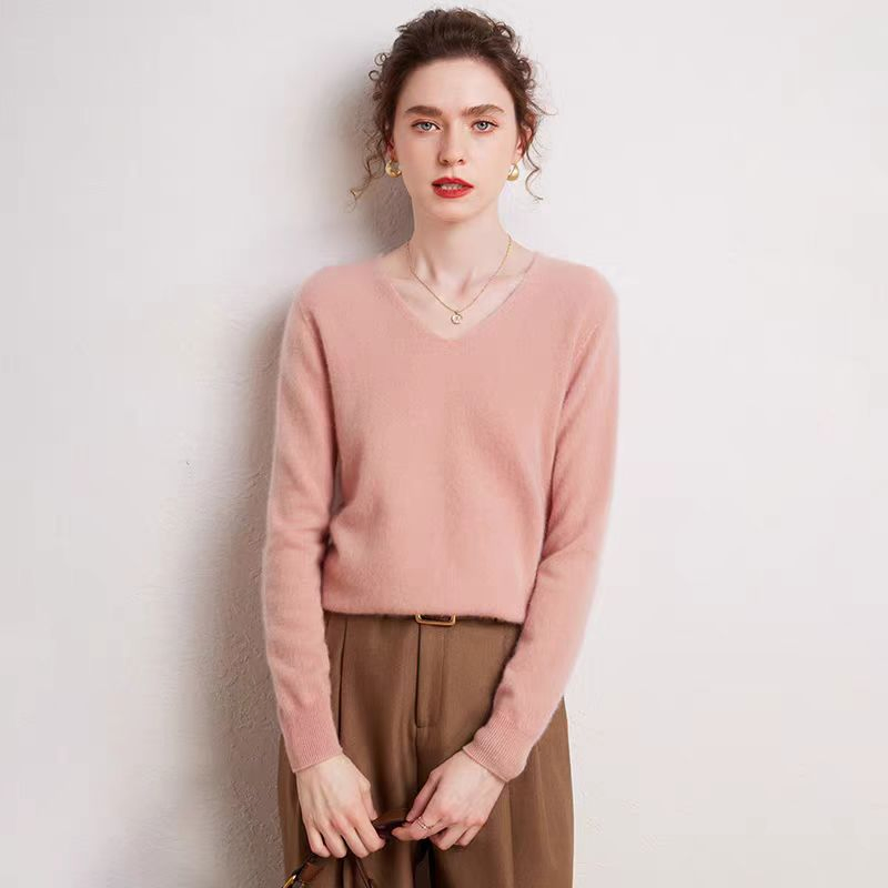 Suéter de Jersey de Lana Merino con Cuello en V de Moda Clásica Popular al por Mayor para Mujer