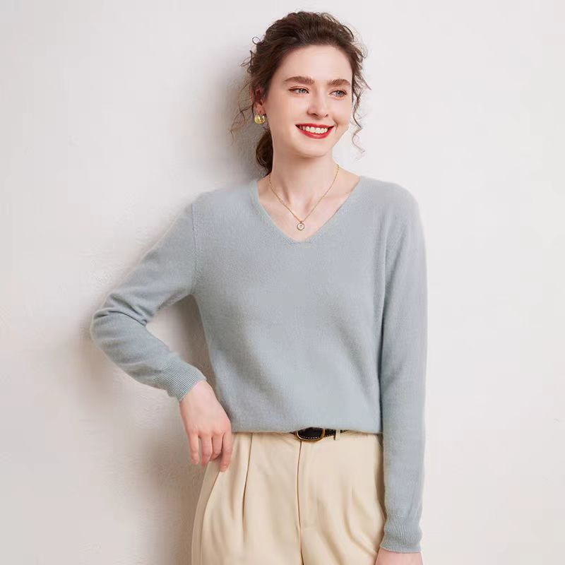Suéter de Jersey de Lana Merino con Cuello en V de Moda Clásica Popular al por Mayor para Mujer