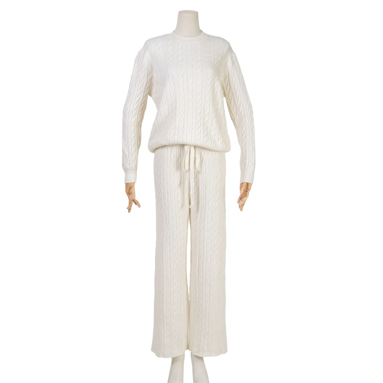 Top de Punto con Patrón de Cable de Color Beige y Pantalones Largos de Punto Suéter de Mujer de Un Conjunto
