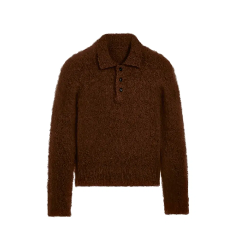 Lujoso Suéter Polo de Mohair Marrón para Hombre-Estilo Acogedor