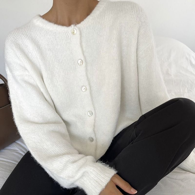 Cárdigan con Botones de Lana Suave Abrigo de Punto con Botones de Concha Vintage para Mujer Chaqueta de Suéter Acogedora Gris