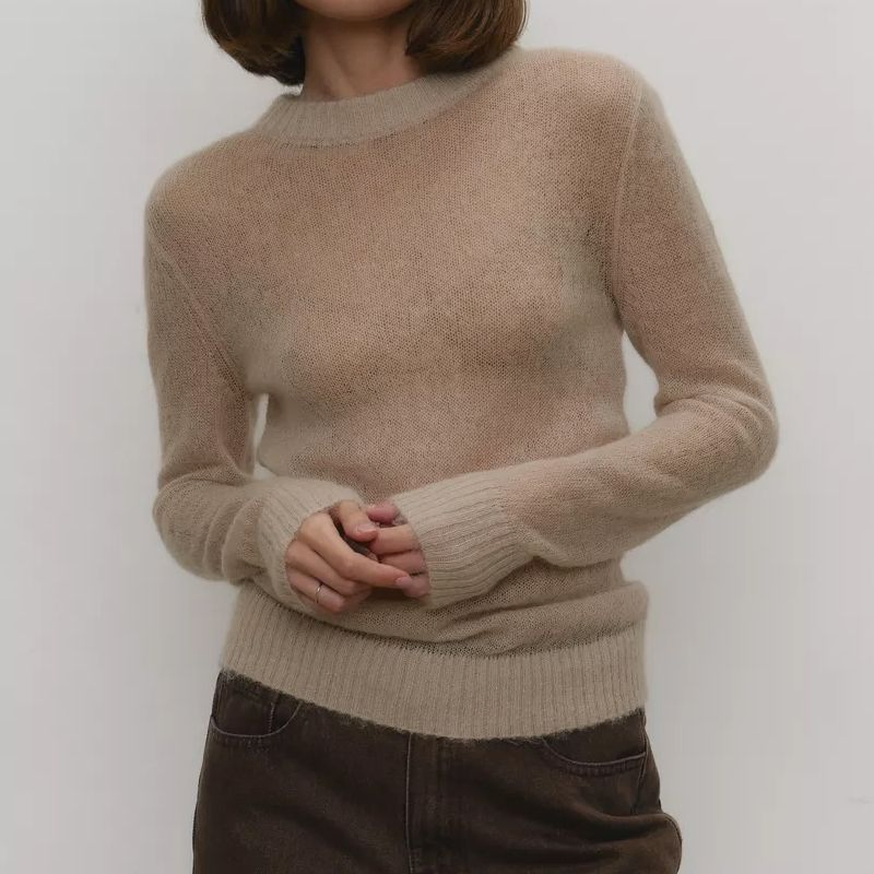 Suéter de Cuello Redondo de Mohair de Moda Suéter de Punto Cómodo para Mujer Blusa Informal Suelta