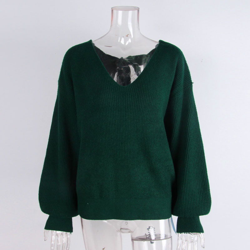 Suéter de Color Sólido con Cuello en V de Moda Para Mujer Otoño Nuevo Top de Punto de Manga Larga Informal Suelto