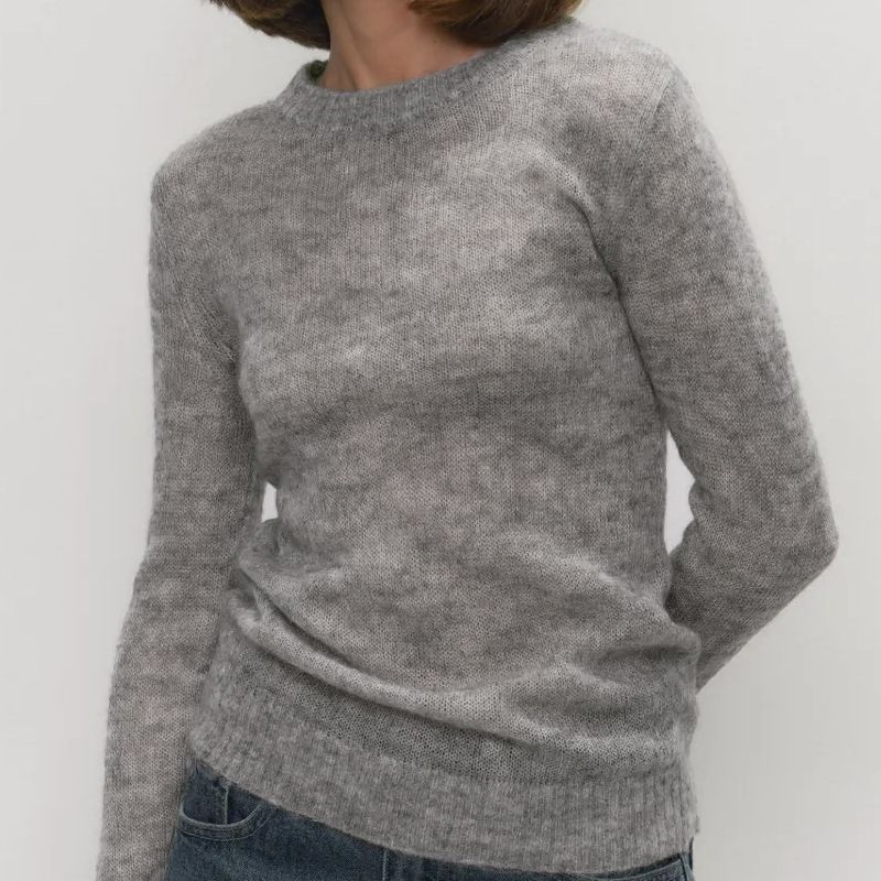 Suéter de Cuello Redondo de Mohair de Moda Suéter de Punto Cómodo para Mujer Blusa Informal Suelta