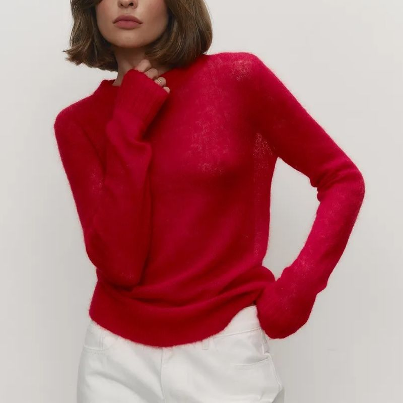 Suéter de Cuello Redondo de Mohair de Moda Suéter de Punto Cómodo para Mujer Blusa Informal Suelta