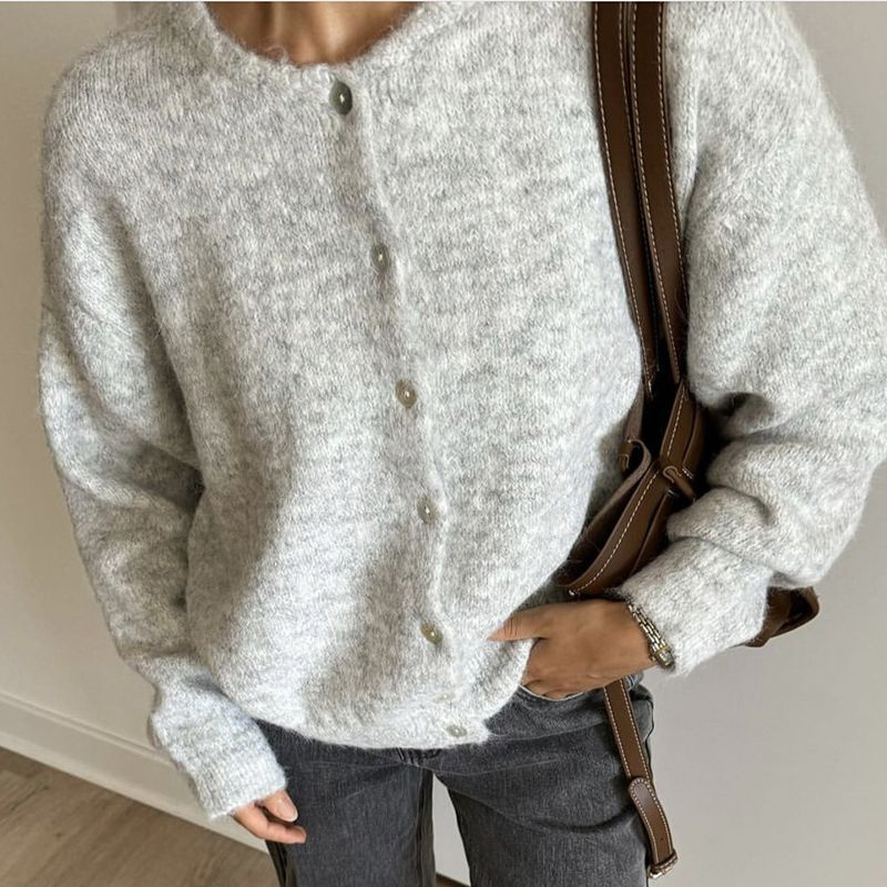 Cárdigan con Botones de Lana Suave Abrigo de Punto con Botones de Concha Vintage para Mujer Chaqueta de Suéter Acogedora Gris