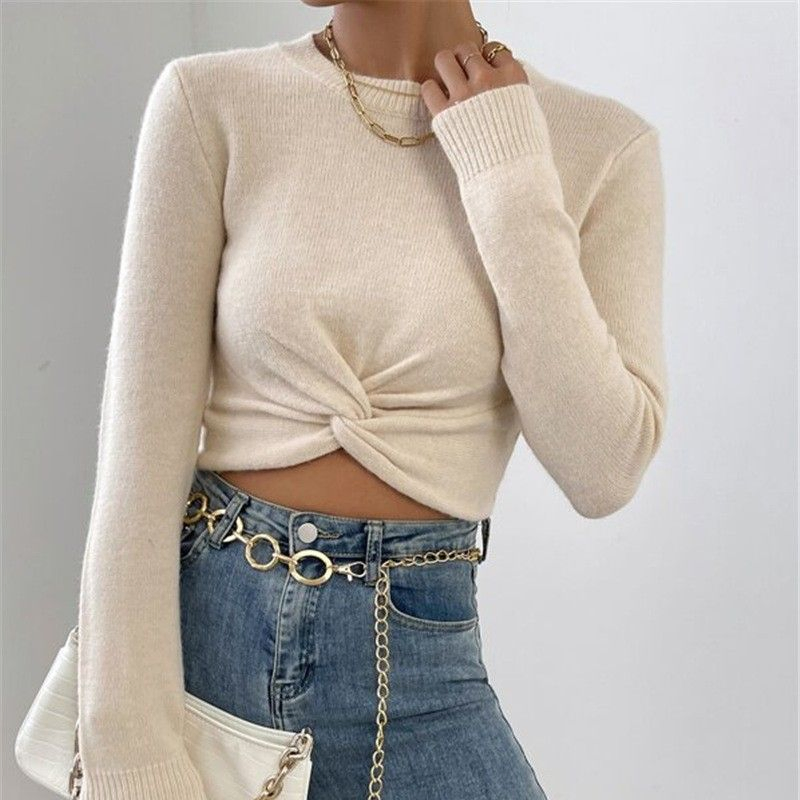 Suéter Delgado de Punto con Cuello Redondo de Moda para Mujer, Diseño de Giro de Moda, Pieza Básica de Capas