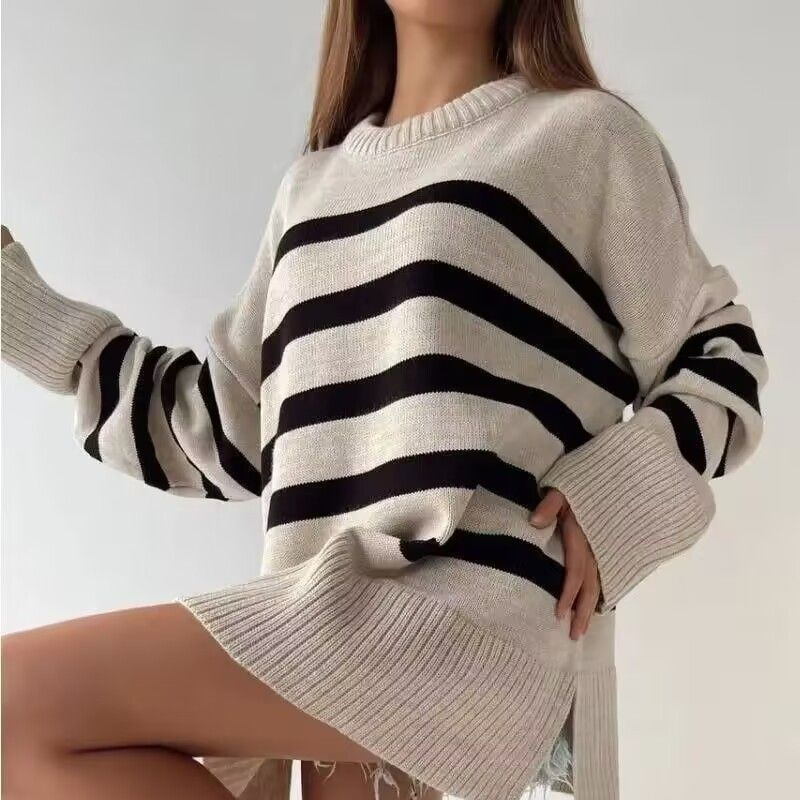 Suéter de Rayas de Gran Tamaño Para Mujer, Top de Punto Holgado, Estilo Boyfriend Unisex Inspirado en la Vendimia