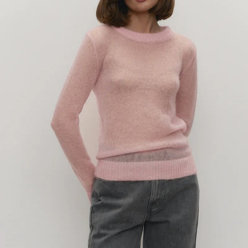 Suéter de Cuello Redondo de Mohair de Moda Suéter de Punto Cómodo para Mujer Blusa Informal Suelta