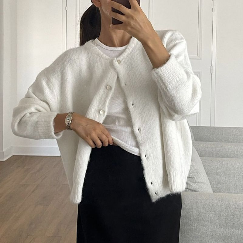 Cárdigan con Botones de Lana Suave Abrigo de Punto con Botones de Concha Vintage para Mujer Chaqueta de Suéter Acogedora Gris