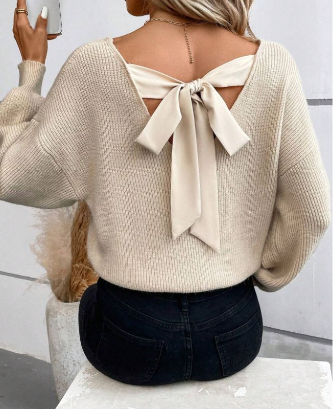 Suéter de Color Sólido con Cuello en V de Moda Para Mujer Otoño Nuevo Top de Punto de Manga Larga Informal Suelto