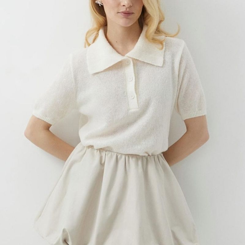 Camiseta de punto Polo de Moda Primavera Verano Mujer&amp;prime;s Top de burbujas de Manga corta Suéter Elegante Casual Transpirable