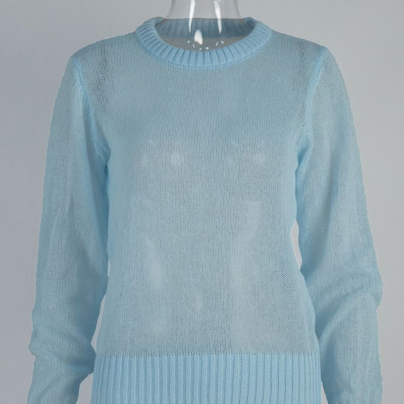 Suéter de Cuello Redondo de Mohair de Moda Suéter de Punto Cómodo para Mujer Blusa Informal Suelta