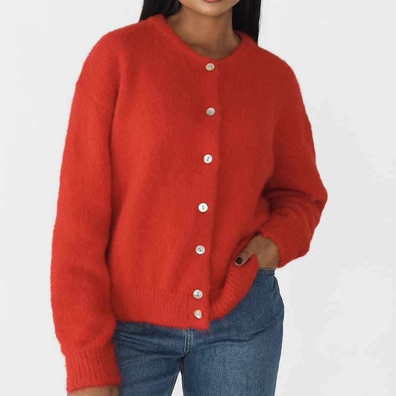 Cárdigan con Botones de Lana Suave Abrigo de Punto con Botones de Concha Vintage para Mujer Chaqueta de Suéter Acogedora Gris