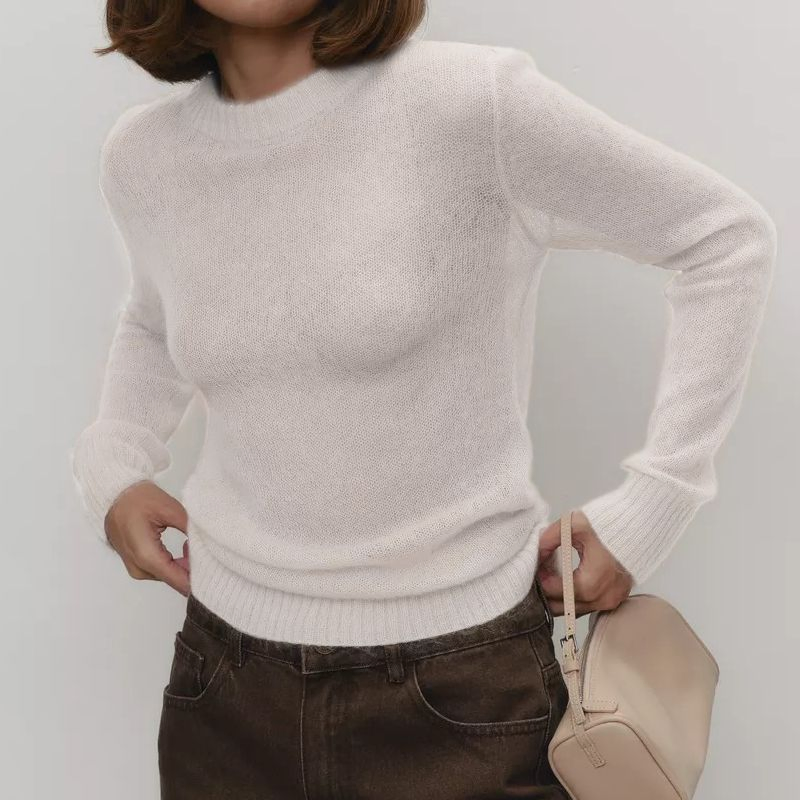 Suéter de Cuello Redondo de Mohair de Moda Suéter de Punto Cómodo para Mujer Blusa Informal Suelta