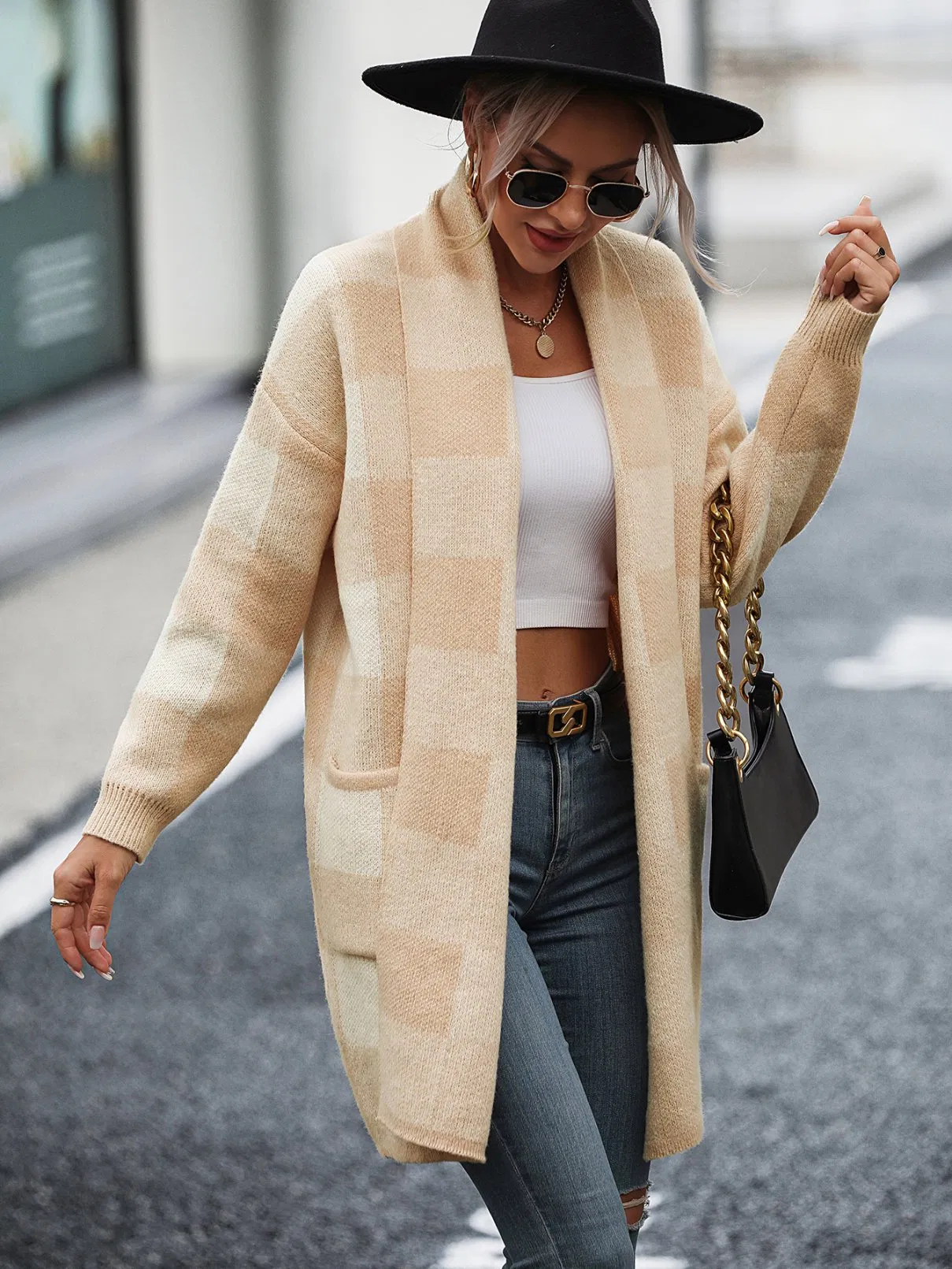 Cárdigan Largo de Moda con Diseño a Cuadros para Mujer