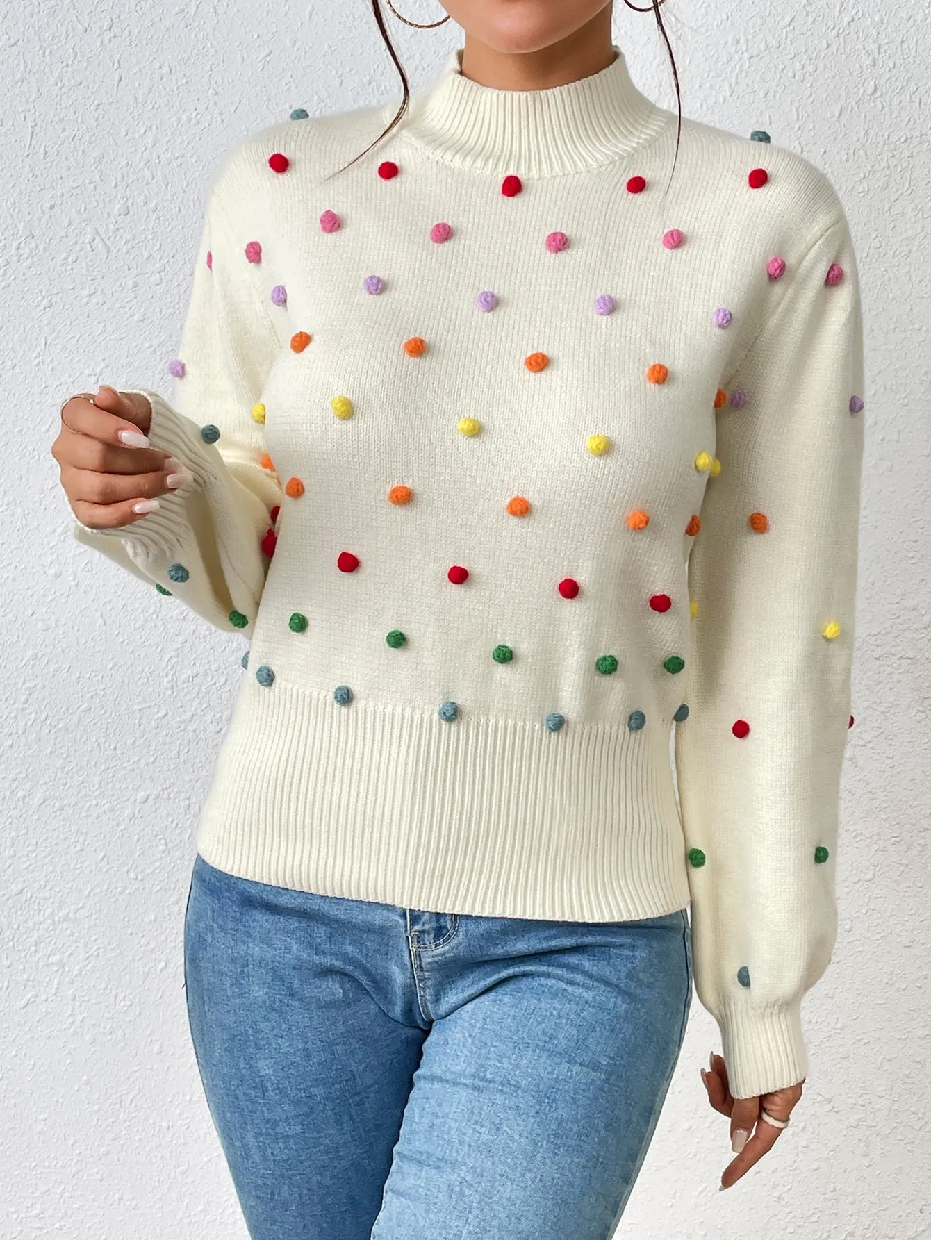 Suéter de Moda para Mujer con Pompones Jersey de Pompones de punto para mujer