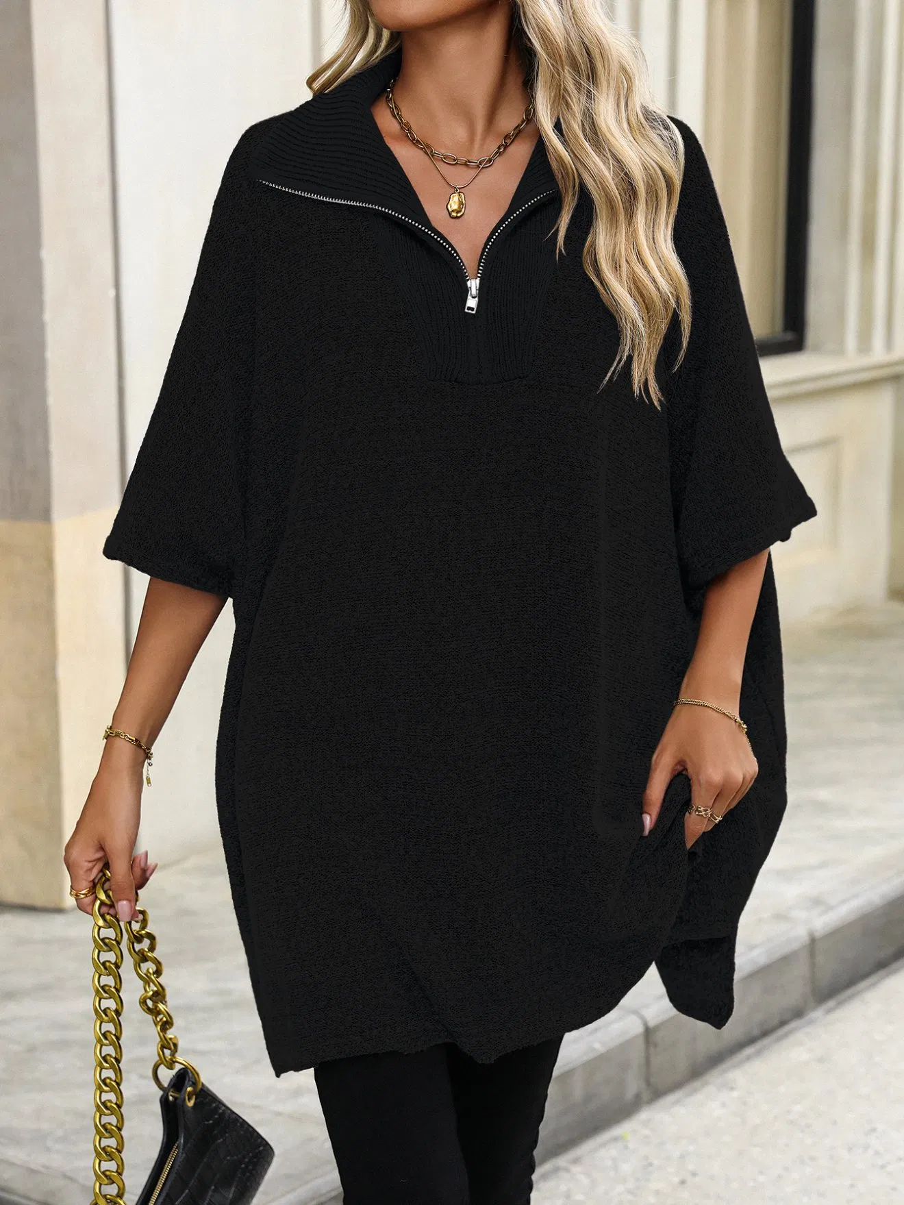 Abrigo de suéter de Moda para Mujer con Cremallera en la parte Delantera Vestido de suéter de punto para mujer
