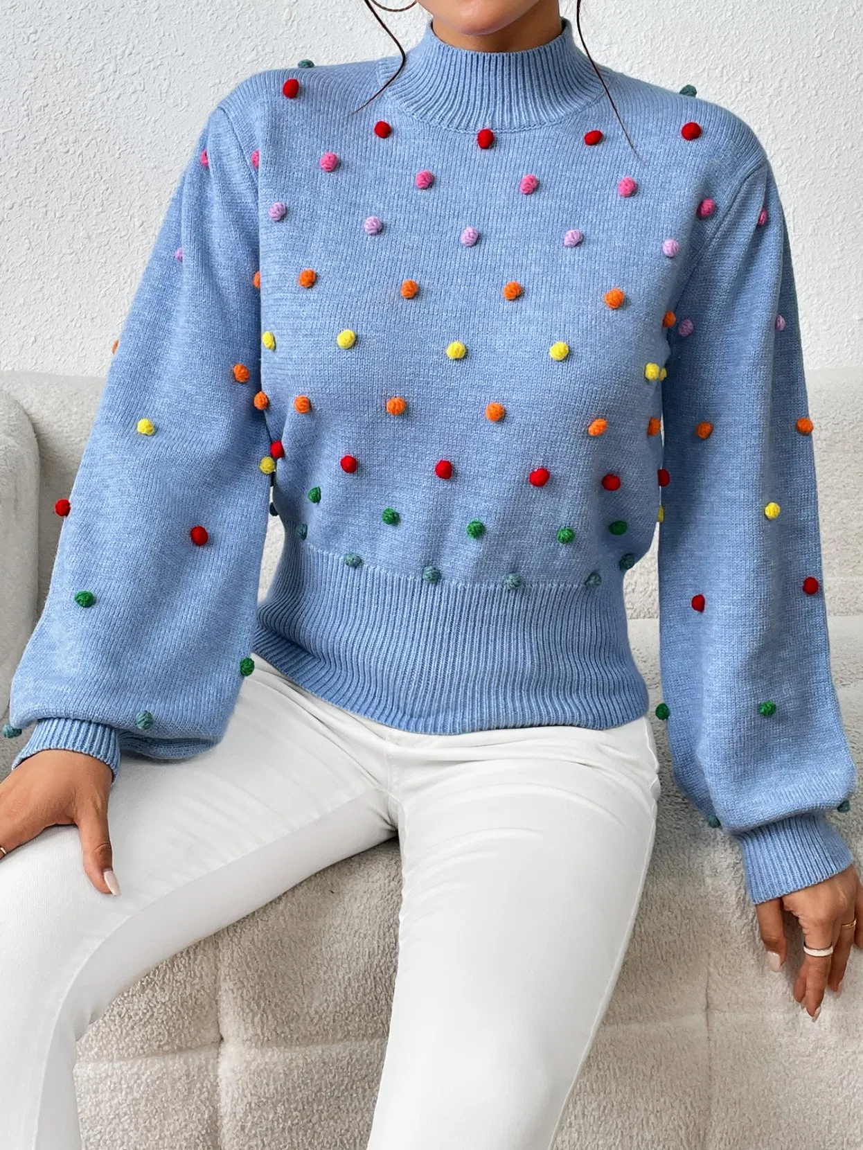 Suéter de Moda para Mujer con Pompones Jersey de Pompones de punto para mujer