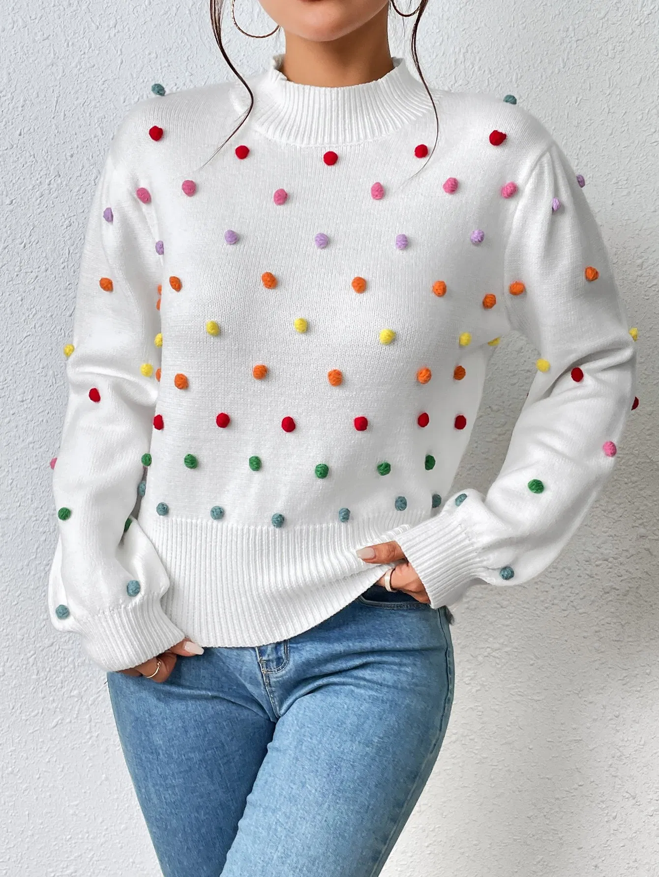 Suéter de Moda para Mujer con Pompones Jersey de Pompones de punto para mujer