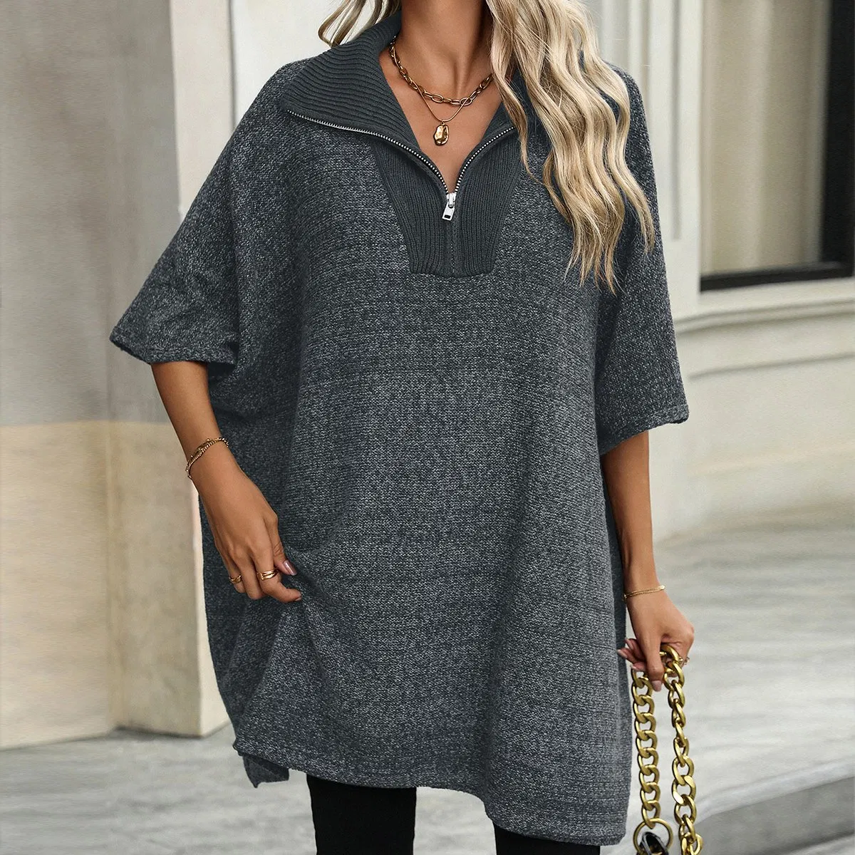 Abrigo de suéter de Moda para Mujer con Cremallera en la parte Delantera Vestido de suéter de punto para mujer