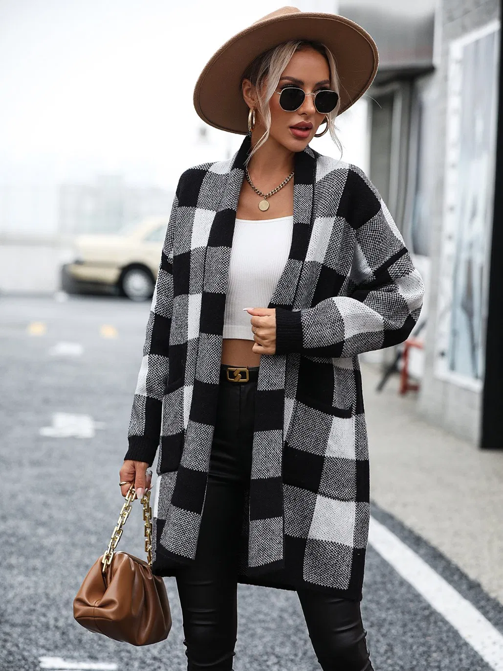 Cárdigan Largo de Moda con Diseño a Cuadros para Mujer