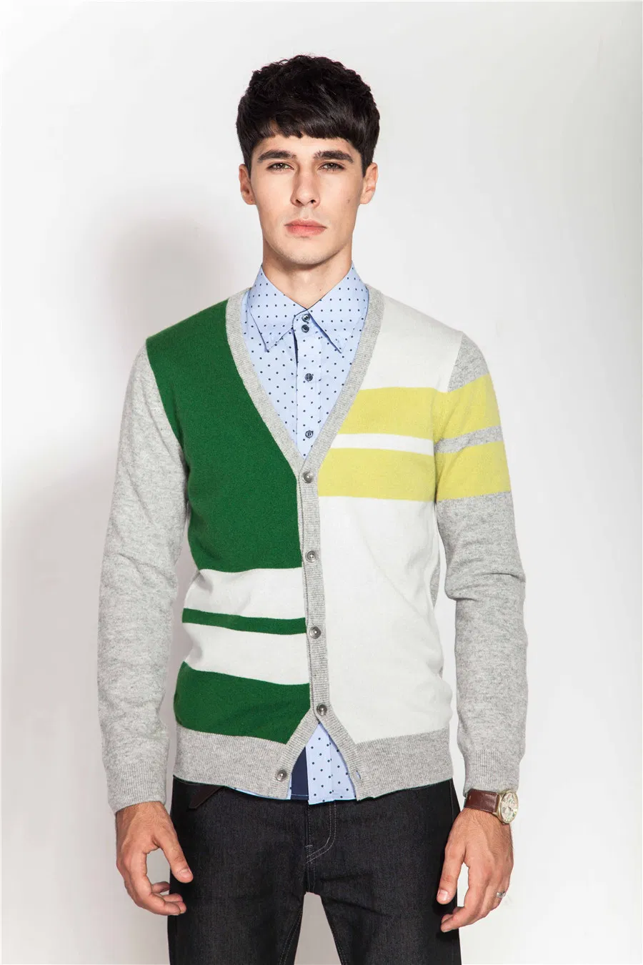 Cárdigan de cachemira 100% de Punto con Cuello en V y Bloque de Color para Hombre